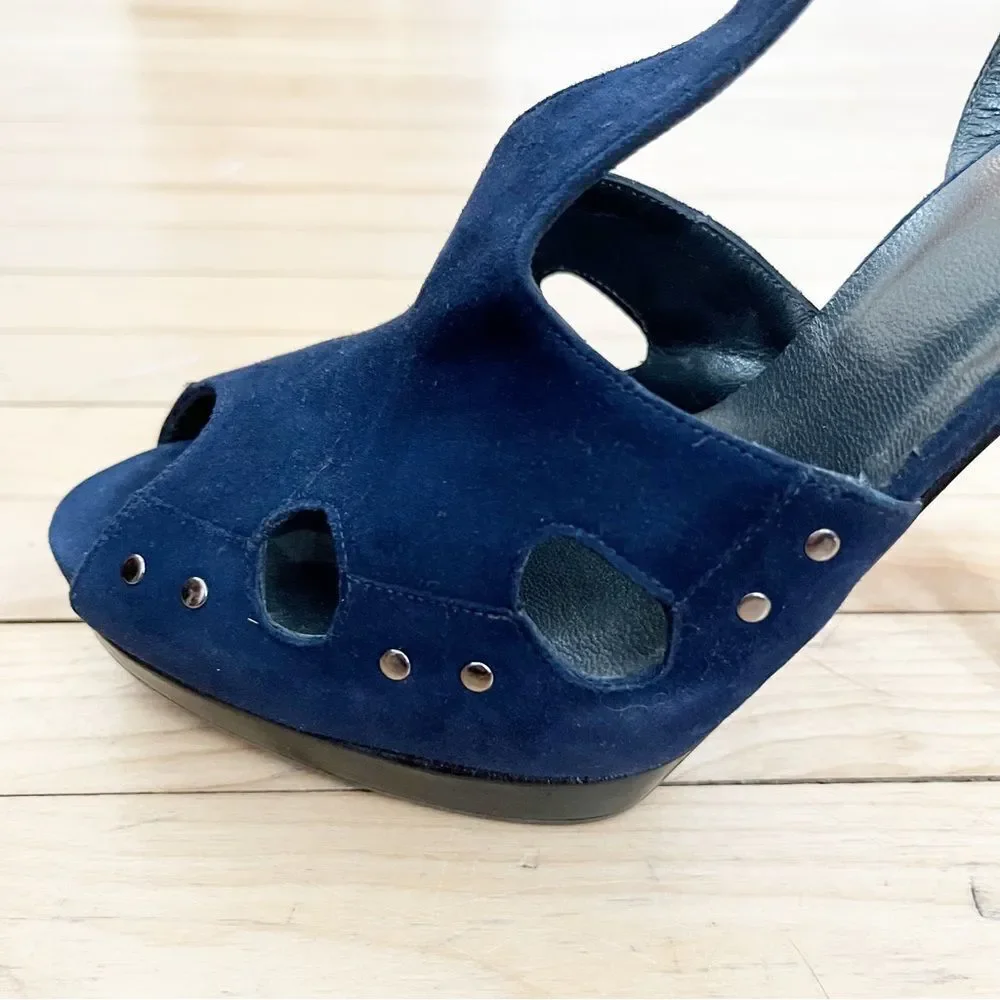 Stuart Weitzman Navy Blue Suede T-Strap Platform Heels - Picture 3 of 11
